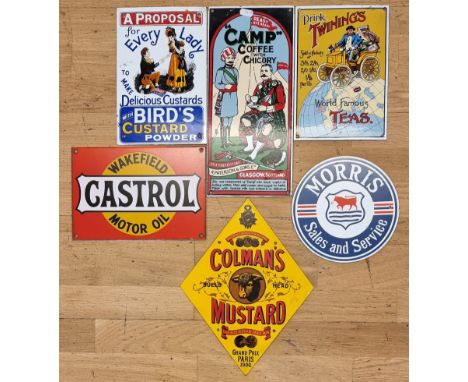 A Colmans Mustard reproduction vitreous enamel advertising sign, 34 x 26cm and five other reproduction vitreous enamel signs 