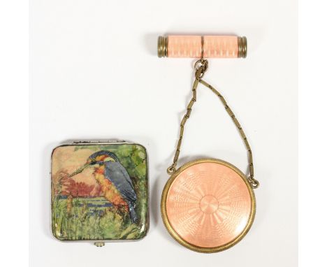 An Edwardian gilt metal and pink guilloche enamel ladies combination lipstick/mirror and perfume, together with a GWENDA comp
