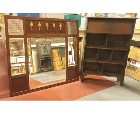 A Gothic style oak wall mirror, with five glazed panels, arrowhead cut outs, 107cm x 91cm x 3cm, together with a Gothic style