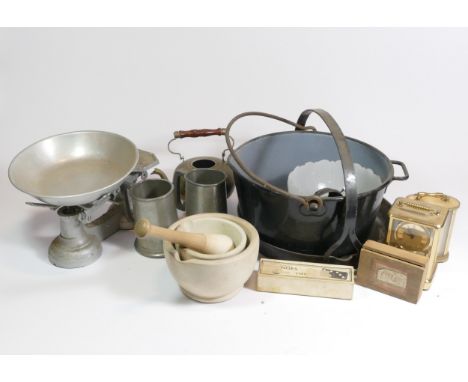 A collection of miscellaneous wares to include, boxed collector plates, mantel clocks, jam pans, pewter tankards, scales, Day
