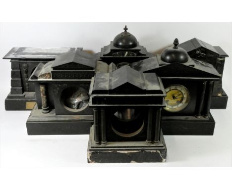 Six Victorian black slate/marble manual wind mantle clocks and cases.