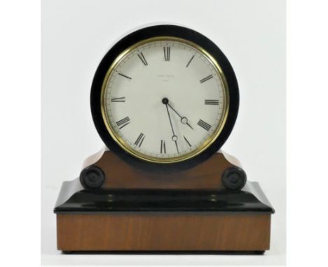 A French ebonised and walnut mantle clock, C.1900, the drum shaped movement inscribed "Vap Bizevete S.G.D.G", the white ename