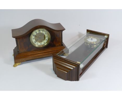 A 19th Century mahogany cased chiming mantle clock, with boxwood and ebony string inlay, white enamelled dial with Arabic num