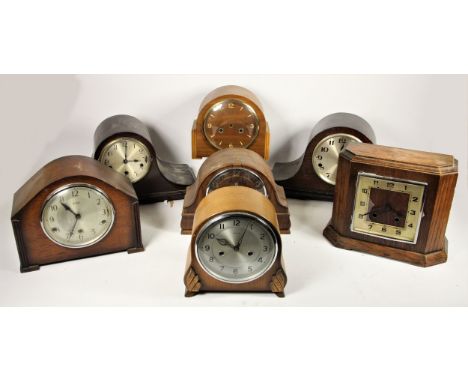 A collection of mid 20th century manual wind mantle clocks, to include Smiths Westminster chime, Enfield Bakelite cased examp