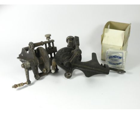 A collection of watchmakers tools, to include two Austrian square cutters &amp; squares, together with a small lorch bench la