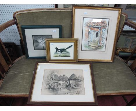 R.M Bolton, the Barn Door, watercolour, signed and dated '87, 25 x 18.5cm. Three unsigned artworks of Magpie, Lone Tree and C