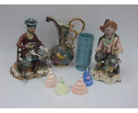 Four Coalport Miniature Figures, Two Capo Di Mante Figures, Sylvac Vase etc:- One Tray