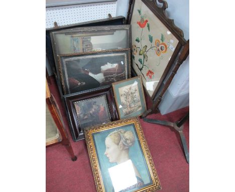 L C Taylor, Medici and three other prints in vulcanite case, oak firescreen with needlework panel.