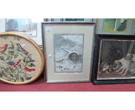Louis Wain 'Possession is Nine Points of the Law' Print 29.5x21cms, Dog Biting Cats Tail, Oileograph, Birds in Tree Oval Need