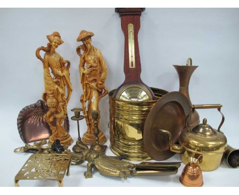 A Large Brass Bucket with a lion head handle together with a large quantity of other metalware including copper jug, brass te
