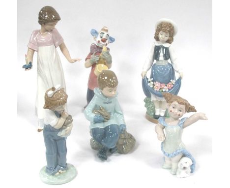 Nao figurines to include Girl holding flowers in skirt, To light the way, Name that tune, three others, tallest 26.5cm high. 