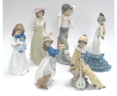 Nao figurines to include Flamenco Dancer, Gentle Breeze, Clown with Mandolin, three others, tallest 26cm high. (6)