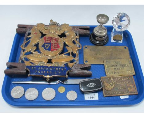 Fodens LTD Brass and Enamelled Plaque, 24cm high, Brass Rally Plaques, Lacquered Snuff Box, coinage, etc:- One Tray