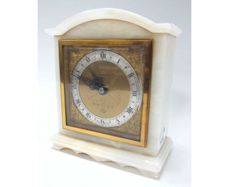 Elliott Mantle Clock for Ollivant &amp; Botsford, Manchester with gilt face and silvered dial, in white onyx casing 14cm wide