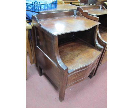 A XIX Century Mahogany Serpentine Shaped Bedside Commode, with hinged top shelf, rising seat (with chamberpot), on square sup