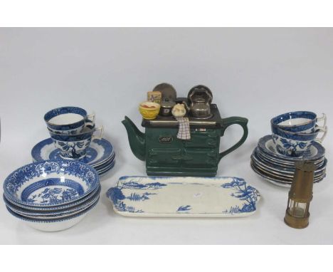 Booth's Willow Pottery, Willow Plates, Tea Pottery Tea Pot, Mini Miners Lamp,- one tray