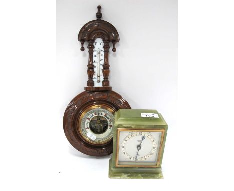 Elliott Mantle Clock for Phillips, Leeds, having silvered dial and green onyx caseing 13cms wide (base chip), An Edwardian Wa