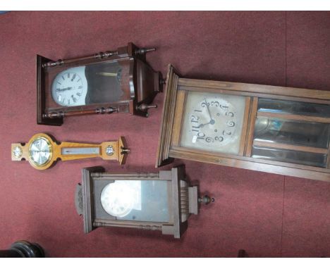 A 1940s Oak Cased Wall Clock; two later wall clocks and a modern Committi of London banjo barometer (4)