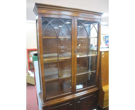 Mahogany Display Cabinet with stepped pediment, over arch astragal glass doors, panelled doors and bracket feet. 102cm W