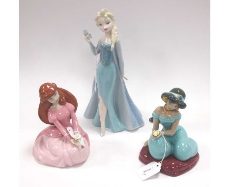 Nao Disney Collection figurines including Elsa 27.5cm high and seated Ariel and Jasmine. (3)