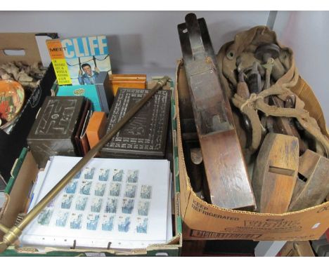 Woodwork Tools, World Stamps, Books, Leather Wallets, Brass Towel Rail, etc:- Two Boxes.