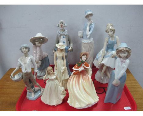 Nao Porcelain Figures of Girls, Casades Porcelain figure of a Clown etc:- One Tray