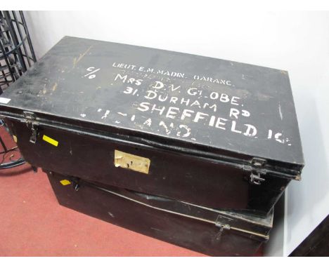 A Large Black Painted Tin Military Trunk 'Lieut E.M.Madin Quranc', makers label 'F&amp;B London made' 90x47cm, another simila