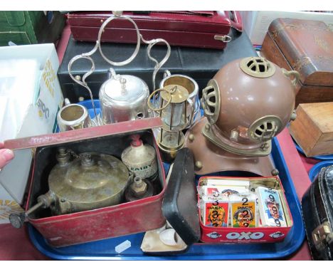 'Gluck Auf' Small Miners Lamp, Plated Breakfast Tea Set, Smokers Pipes, Model Divers Helmet, Burner, etc:- One Tray