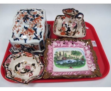 A Sunderland Lustre Plaque, depicting an eastern scene, cheese dish and cover and three pieces of Mason's 'Mandalay' pattern 