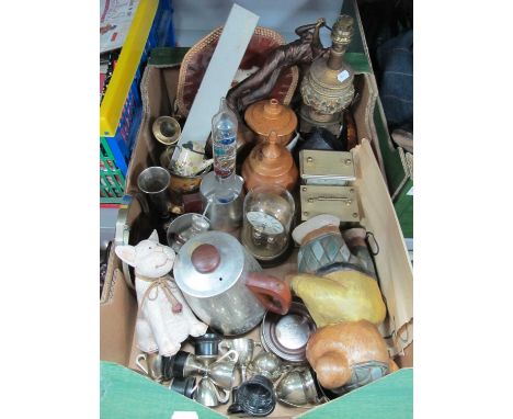 Clocks, Sona Tea Service, Lamp, Trophies, Coasters, Wooden Boar Utensil Holder, etc:- One Box