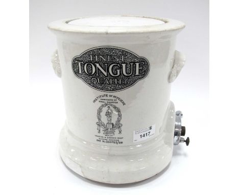 A 1929 Butchers Shop Ceramic Tongue Slicing Machine, with working mechanism, two side handles and signage for 'Finest Tongue 