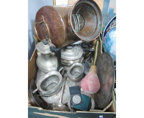 Oval Plated Tray, Tea Service, Card Tray, Ladle, Copper Coal Helmet, Brass Horn, Cassettes etc