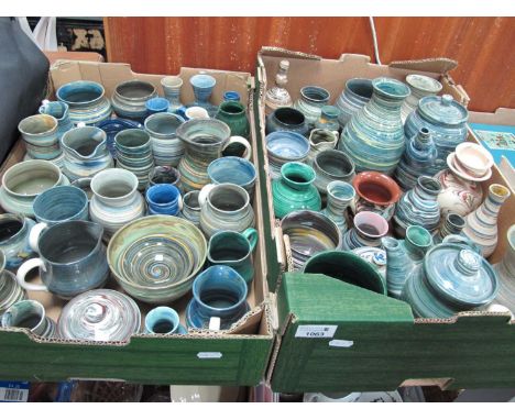 A Large Collection of Alton Towers Streaked Pottery, including Vases, Bowls, Jugs, Teapots etc:- Two Boxes