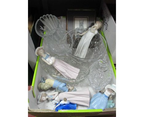 Five Nao Figurines (two damaged), Doulton 'Elaine', Glassware, Macclesfield Silk Print limited edition of 700:- One Box