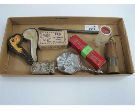 Crown Top Vesta Case, French Smokers Pipe with hand supporting tobacco bowl, 1929 Bandmaster, Taj Mahal pictorial scent flast