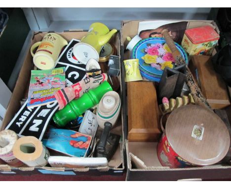 A Large Quantity of Vintage Items to include Breweryana, Whisky Jug, Camden Bar Mat, Barometer, Wooden Trunchen, Tins etc:- T