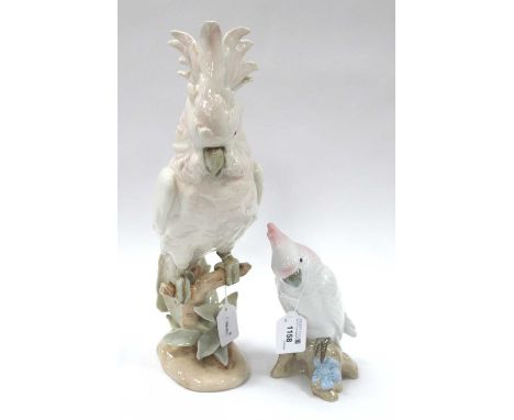 Royal Dux Ceramic Parrot, in light pink and pastel tones, perched on naturalistic base, pink triangular applied plaque and st
