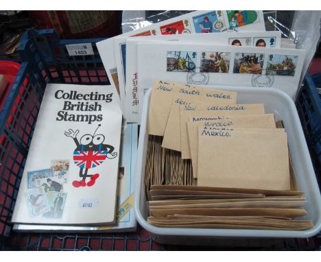 First Day Covers, Booth Catalogue, a tub of world Stamps, in brown envelopes, etc :- One Box