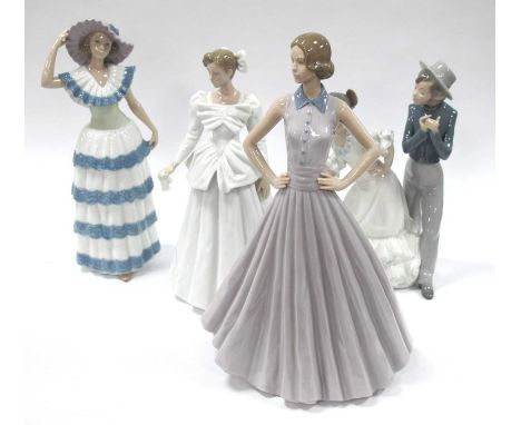 Nao figurines including pair of Flamenco dancers, lady in blue and white dress, proud pose and the next dance, tallest 34cm h