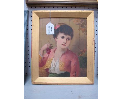 Continental School, Portrait Study of a Girl Holding Grapes in Right Hand, oil on canvas, circa 1900, monogrammed bottom righ