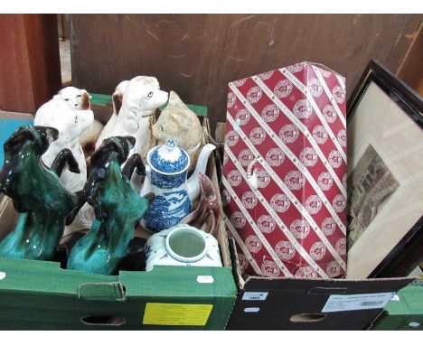 Staffordshire Pottery Spaniels, pair blue mountain pottery rearing stallions, military water bottle in canvas bag, plated dis