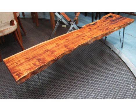 LOW BENCH/OCCASIONAL TABLE, cut from a tree trunk on metal supports, 170cm L. 