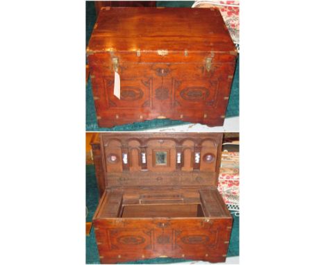 TRUNK, antique Indian teak, brass bound and inlaid with hinged top, fitted interior and iron side handles, 90cm x 52cm.