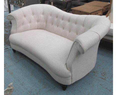 SOFA, two seater, button back in neutral fabric on turned supports, 170cm L. 