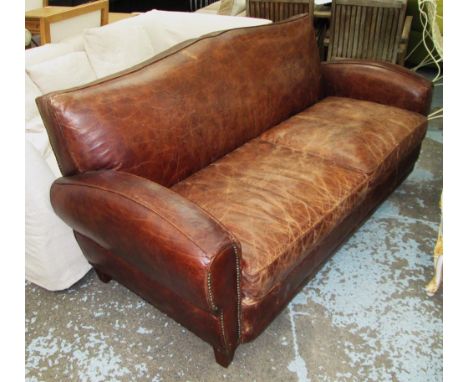 SOFA, Art Deco style in brown leather with two seat cushions, 204cm W. (with faults, upholstery worn)