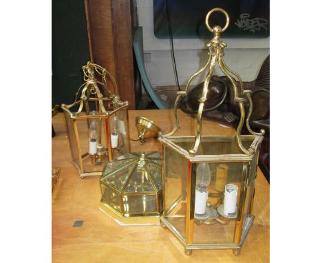 HALL LANTERN, three branches in brass, 37cm H, plus chain, and a wall sconce with twin branches in brass, 55cm H, plus ceilin