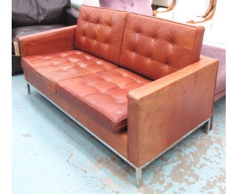 SOFA, Florence Knoll style, tanned brown leather with buttoned cushions on chrome, stilt legs, 158cm L x 80cm W x 60cm H. 