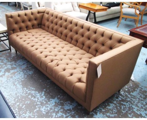 SOFA, in brown buttoned upholstery, 86cm D x 203cm W x 75cm H. (with faults, some marks to fabric)