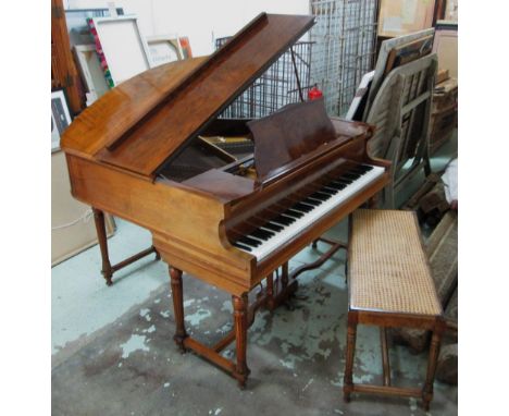 BABY GRAND PIANO, by George Rogers and Sons London, early 20th century walnut framed on fluted turned supports and a matching