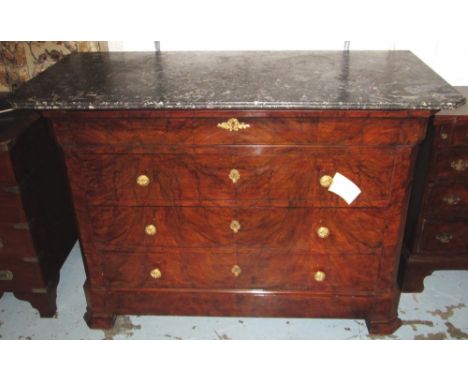 COMMODE, 19th century Louis Philippe burr walnut with four long drawer including a deep drawer and St. Annes marble top, 131c